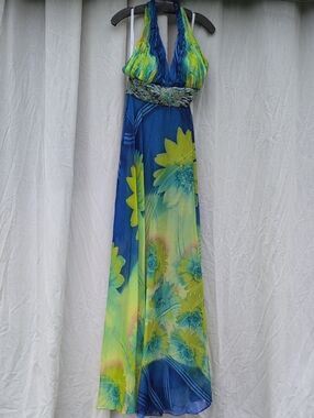 Halter Floral Maxi Dress in Blue and Yellow